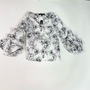 White House Black Market Poplin Top Womens Jasmine White 4 Ruched Sleeve Tie NEW